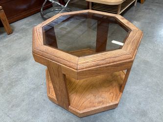 Vintage Octagonal Wooden 2 Tier End Table with Smoked Glass Insert Top