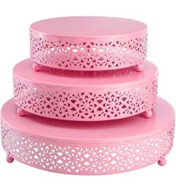 Hedume 3-Piece Metal Cake Stand Set, Pink Round Cake Stand, Dessert Cupcake Pastry Candy Display Plate For Wedding, Birthday Party, Event