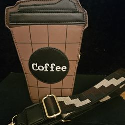 NEW Brown and black coffee cup crossbody bag with adjustable strap.  