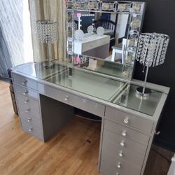 Brand New Vanity Set  13 Drawers Top 3 Drawers Deeper Smooth Rails Silver Color Tempered Glass 56 x 23 1/2 x 31H Hollywood Mirror  LED Ligh Builbs 14 