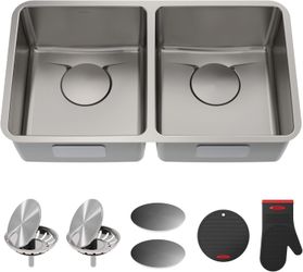 KRAUS Dex 33-Inch Undermount 50/50 Double Bowl TRU16 Gauge Stainless Steel Kitchen Sink with DrainAssure WaterWay and VersiDrain #1574KY1