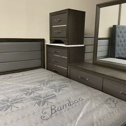 Gray Queen Bedroom Set Silver Inset Queen Bed, Dresser, Mirror, Nightstand  $899 (retail $1499)