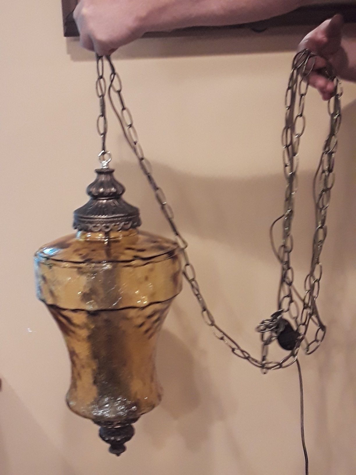 Vintage Mid Century Retro Amber Glass Hanging Lamp