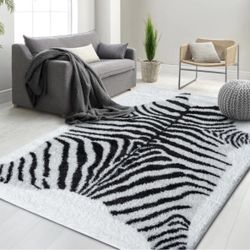 Plush Black & White Zebra Pattern Shag Rug Thick Pile, High-End, Soft & Cozy Floor Carpet