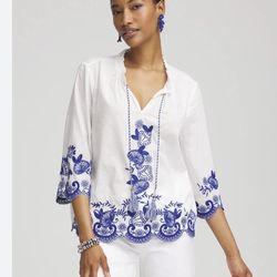 NWT Chico’s Blue Embroidered tassel tie front Sz 8 MSRP $99