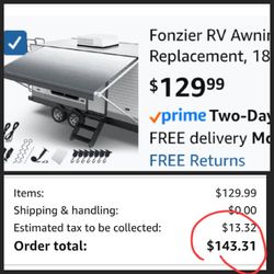 RV Awning Fabric Replacement, 18.5oz Heavy Duty Vinyl, with Tie Down Kits & Hooks & Pull Strap for Trailer Camper Awning - 16'(Fabric 15'2"), Light Gr