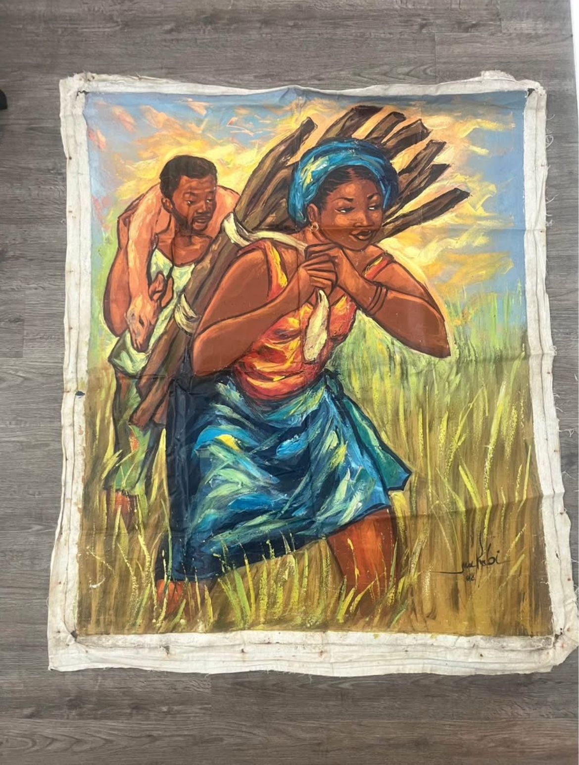 Original African Painting 4x3.2 ft Hand-Painted Congo Art of Woman & Man
