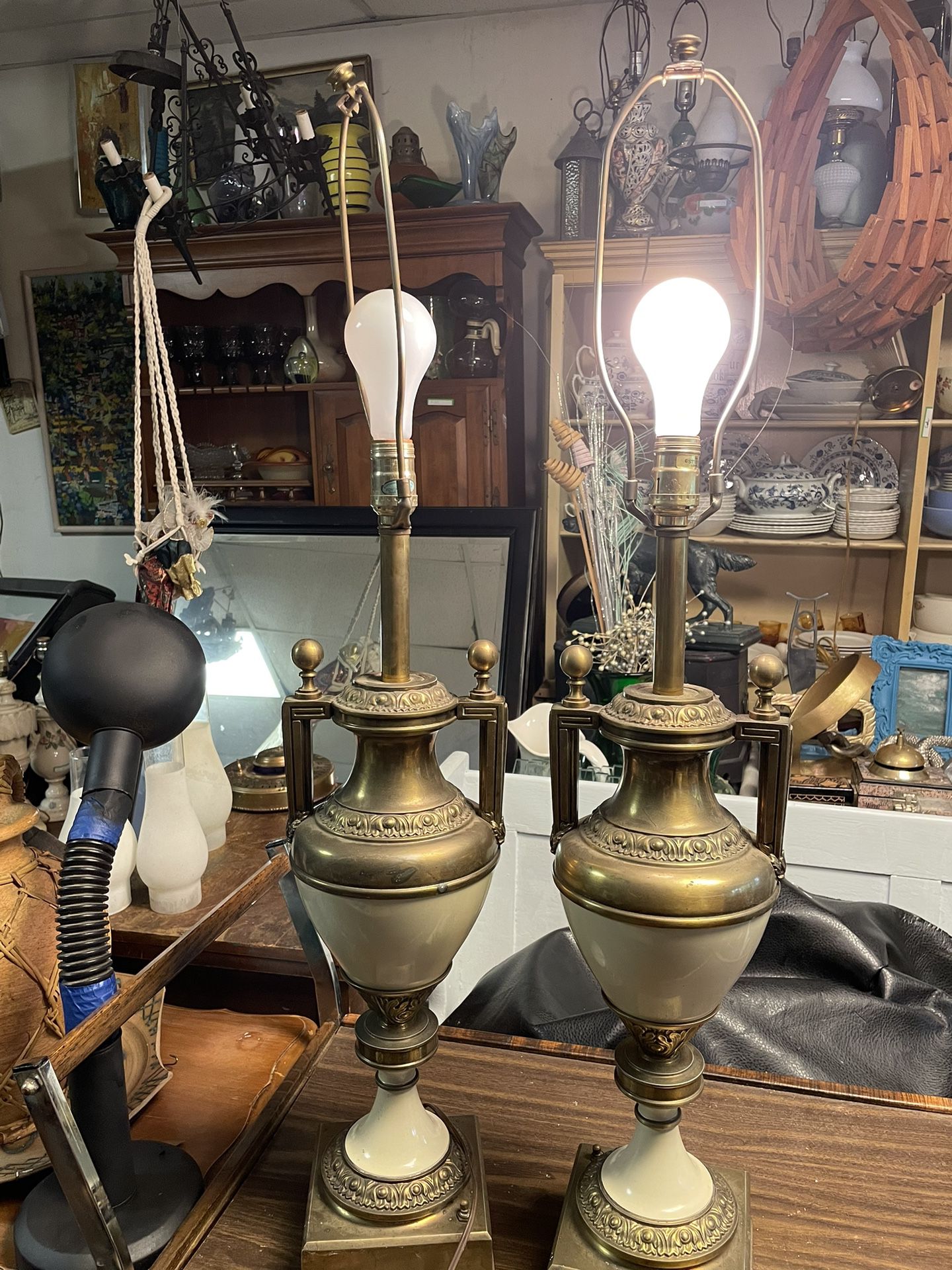 Pair Stiffel Brass Enamel Lamps