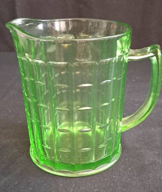 Green uranium glass Hazel Atlas Colonial Block pitcher with handle (5 x 6 1/4 inches without handle)