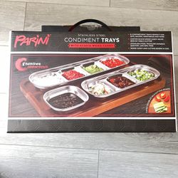 Stainless steel condiment tray with acacia wood caddy