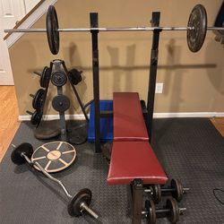 Free weights with bench, barbells, dumbbells, and EZbar.