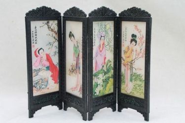 vintage dollhouse furniture - miniature oriental screen w/ Chinese silk painting