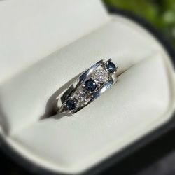 Jewelry 10k solid white gold sapphire diamonds 0.8CTW ring sz 7.00