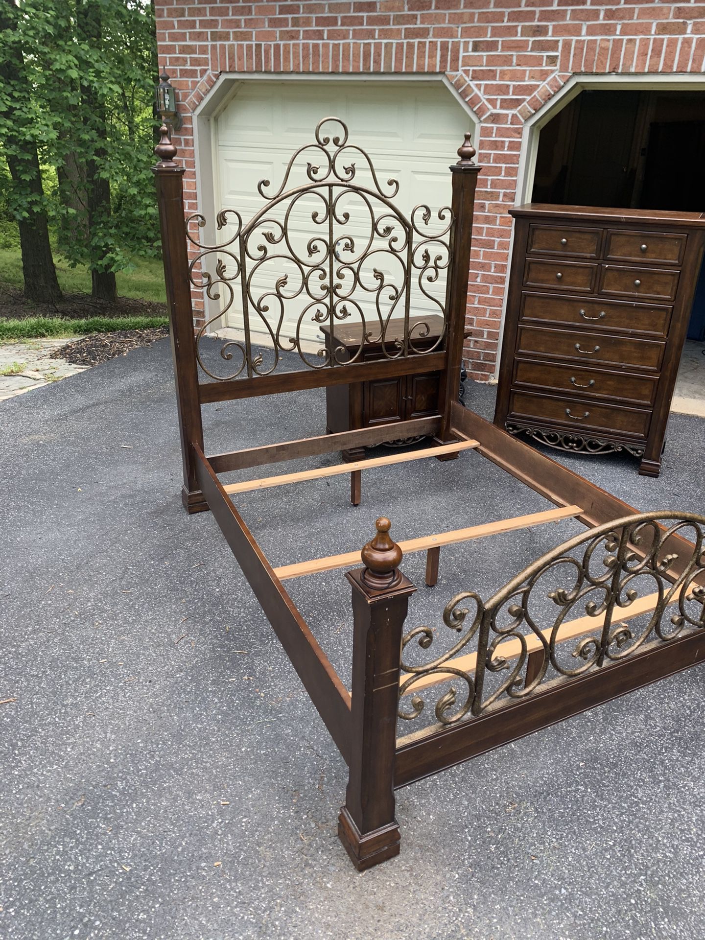 Wooden queen set includes (2 night stands, tall dresser, bed frame)