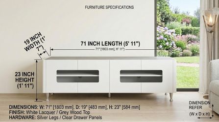 71-Inch White Lacquer TV Stand with Grey Wood Top
