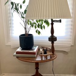 Vintage MCM Hand Carved Solid Oak Table With 360° Moveable Brass Lamp