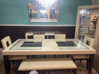Cream Dining Table Set with Chairs and Bench