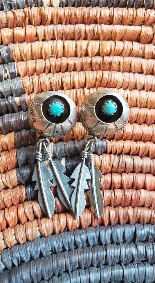 Southwest Sterling Silver & Turquoise Shadowbox Feather Earrings