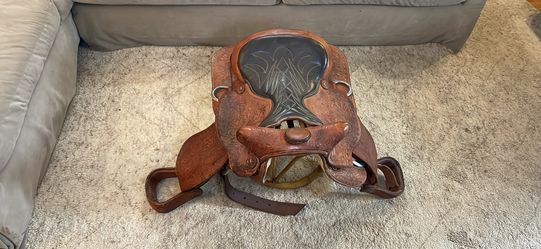 Vintage 16" Big Horn Saddle good condition  (1960’s) hand-tooled leather Mexican western saddle size 16 bought in New Mexico.