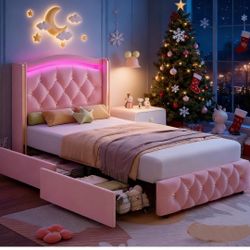 Homfa Twin Bed Frame with Storage, PU Upholstered LED Bed Frame Twin Size with Headboard, Girls/Kids Twin Platform Bed Frame with Drawers & Lights, Mo