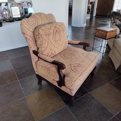 Dark Cherry Wood Chair With Spring Down Cushions. Chenille Fabric