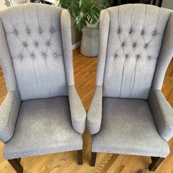 Designer Wingback Chairs Pair – Tufted Gray