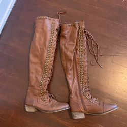 Brown over the knee studded boots