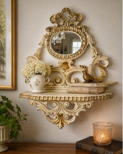 Vintage Euromarchi Italy Ornate Gold Cream Wall Shelf Mirror Tuscan Baroque