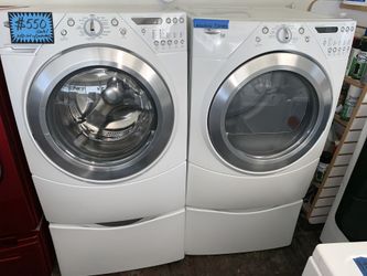 Whirlpool front load washer and electric dryer set w/ pedastals working perfectly with 4 months warranty