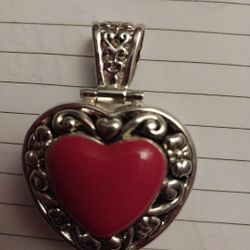 925 Silver Tone ❤️ Shaped Red Enamel Pendant 2"