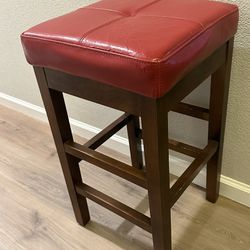 Wood Bar Stool with red leather seat 28” H