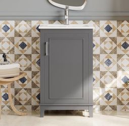 NEW Gray 20 in. W x 15.5 in. D x 33.3 in. H Single Sink Freestanding Bath Vanity with White Ceramic