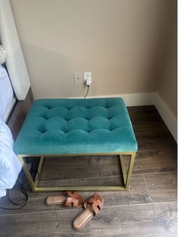 Teal velvet tufted ottoman with gold base