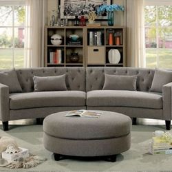 Brand New Warm Gray Chenille Rounded Design Sectional Sofa With Ottoman 