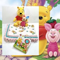 Disney Winnie the Pooh & Piglet Minky Sherpa Pink Crocheted Baby Blanket Set
