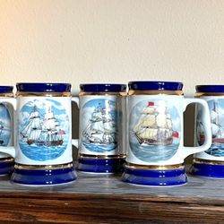 7 Danbury Mint Sailing SHIPS Tankards MUGS Painted Blue Gold TALL