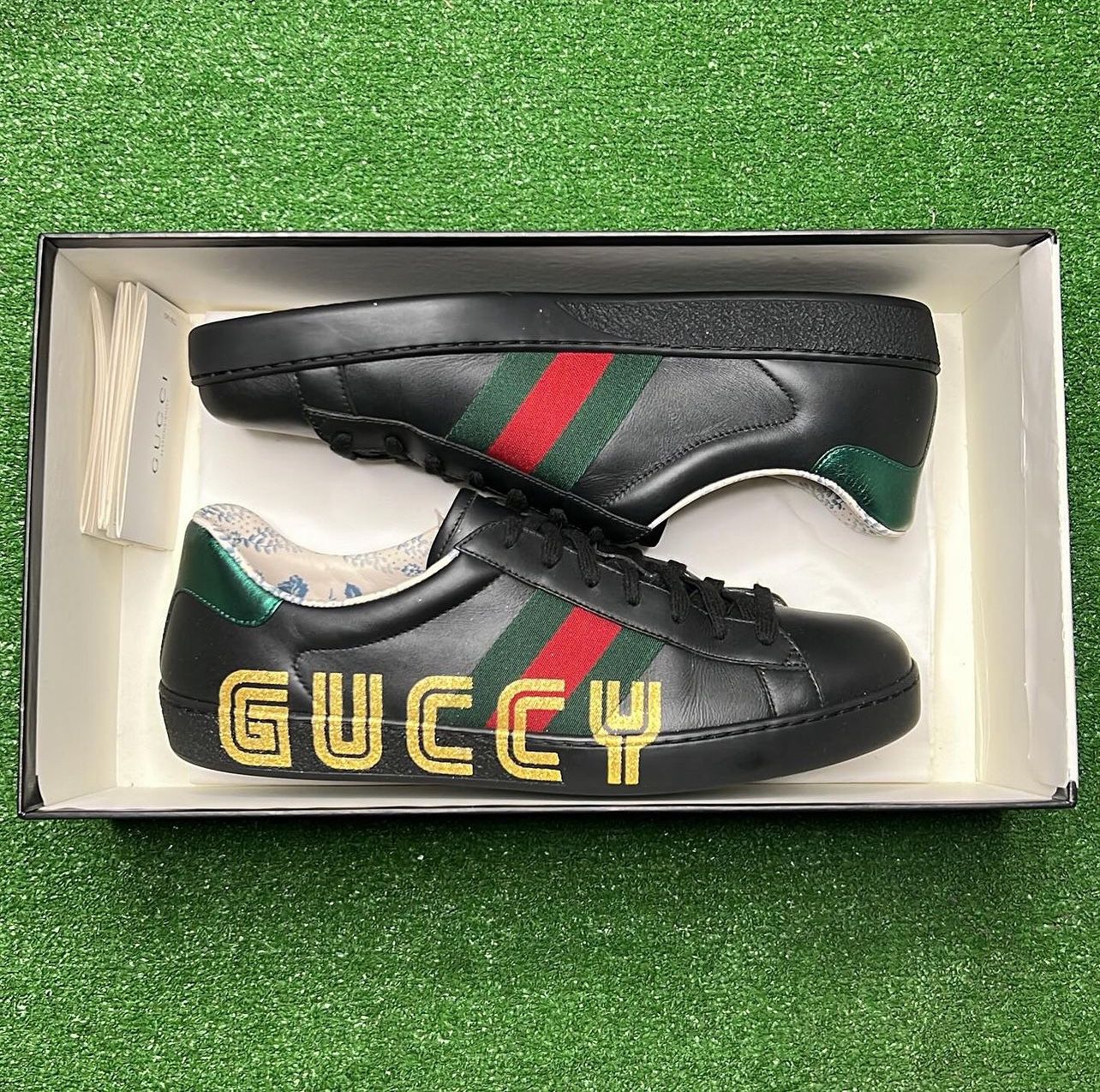 Gucci Mens Black New Ace Guccy Leather Gold Sneaker 