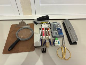 Office Supplies Bundle - Stapler, Hole Punch, Scissors, Compass, Clipboard, etc.