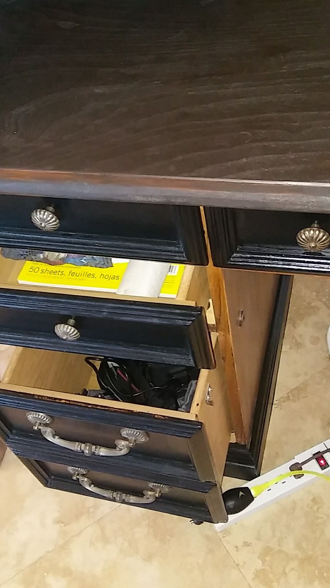 Black roll top oak desk with lamp