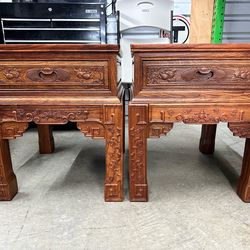 Carved Chinese solid elm tables (Pair)