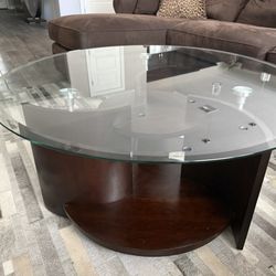 Glass 36” Diameter Dark Wood Coffee Table 