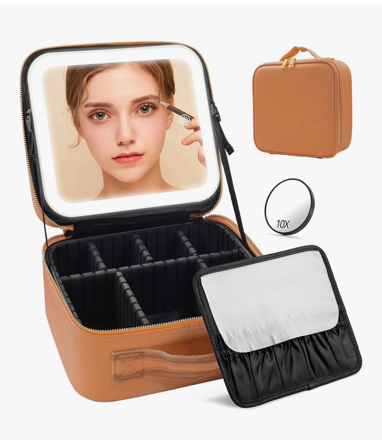 Makeup Case, Lighted Mirror, Travel, Waterproof, Brown