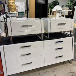 Modern contemporary 6-drawer dresser & 2 night stands featuring a sleek, high-gloss white finish