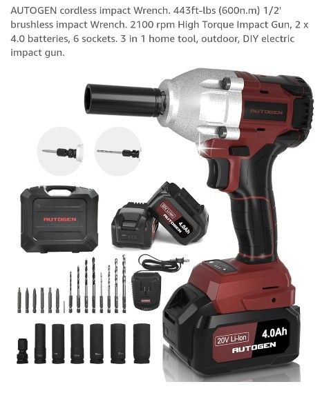 AUTOGEN cordless impact Wrench. 443ft-lbs (600n.m) 1/2' brushless impact Wrench. 2100 rpm High Torque Impact Gun, 2 x 4.0 batteries, 6 sockets.