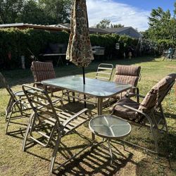 10 Piece Patio Set, Table, 6 Chairs W/cushions, Umbrella,, 2 Small Side Tables