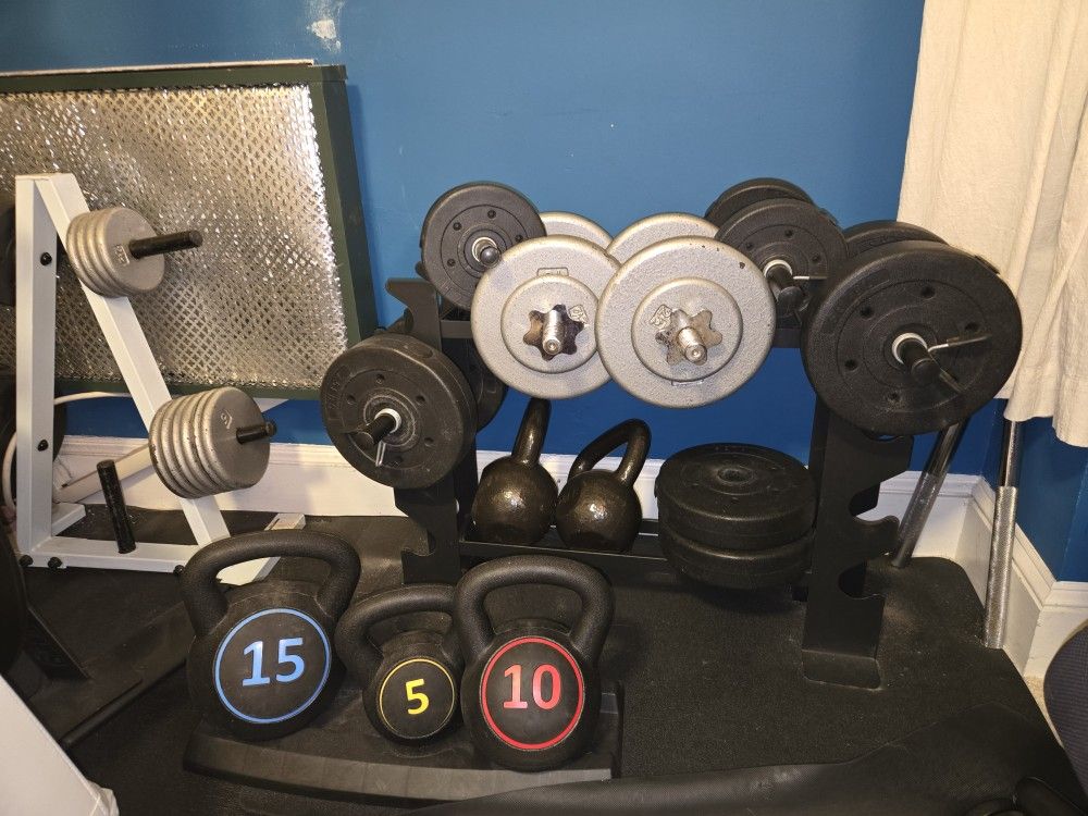 Home Gym Weight Training Set: Plates, Interchangeable Dumbells, Kettlebells, and Racks