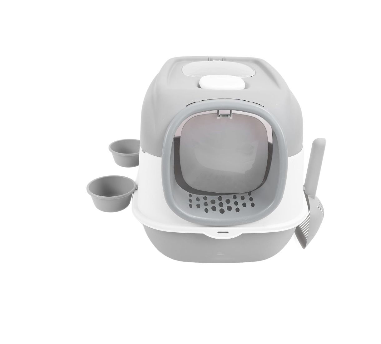 Cat Litter Box, 15.7 x 22 x 15.7in Proof Cats Litter Pan Tray Covered Kitty Litter Box with 2 Feeding Bowls Litter Scoop for Cats Within 15kg (A3