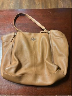 Tory Burch Brown Pebbled Tote Bag Zip Closure Silver Hardware Inner Pockets