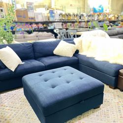 Blue Fabric Couch With Ottoman 