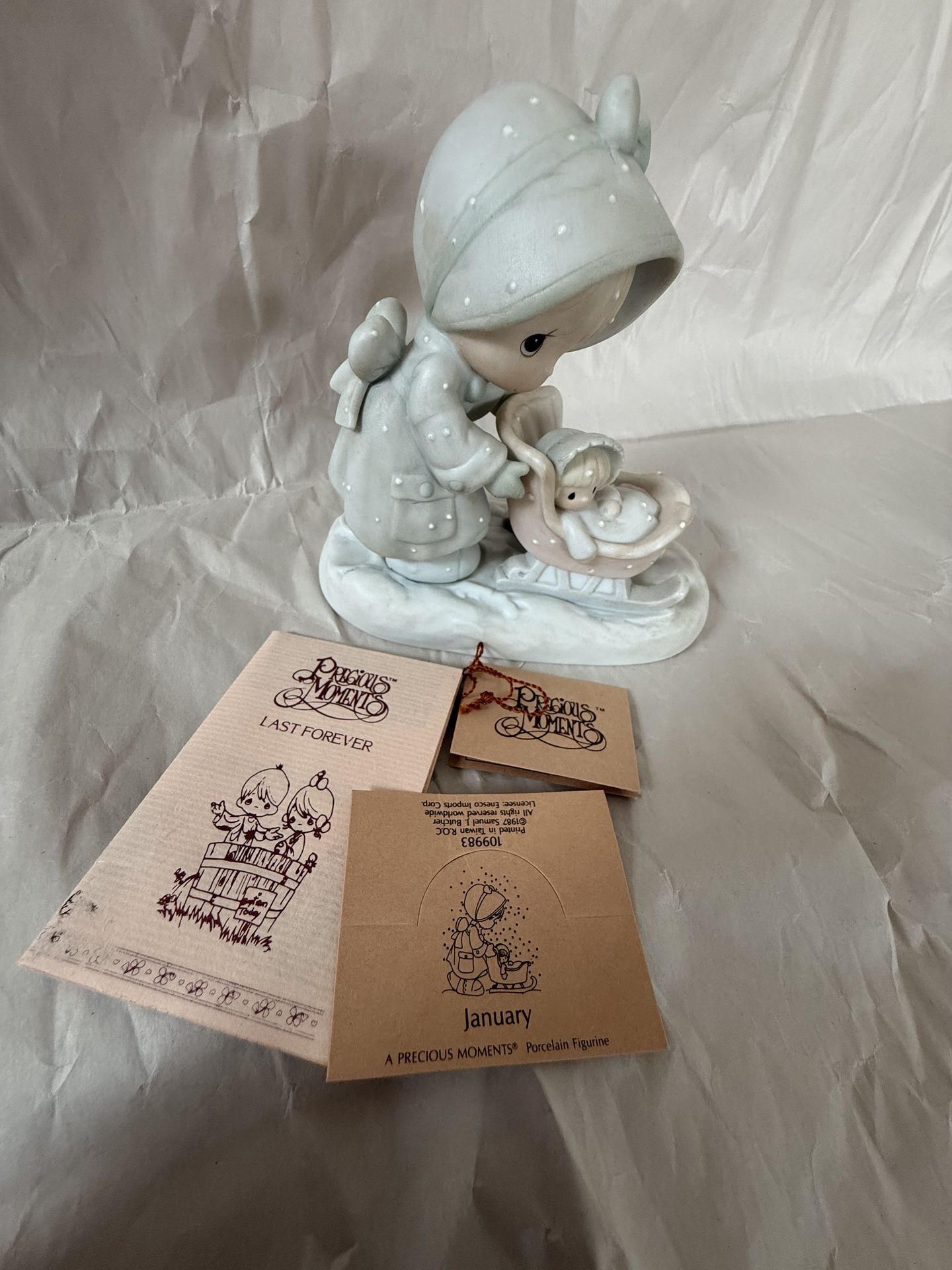 Vintage 1987 Precious Moments "January" Girl with Sled Figurine - 109983